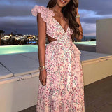 Robe Longue Élégante à Fleurs avec Décolleté V