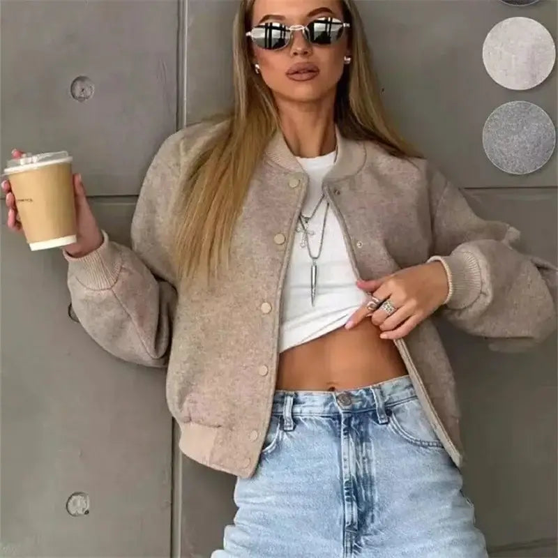 Veste Bomber Femme Manches Longues Beige et Noir