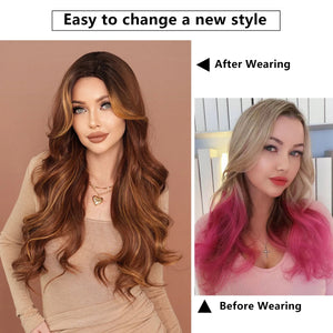 Perruque Synthétique Ondulée Longue Brun Clair Mèche Blonde Femme