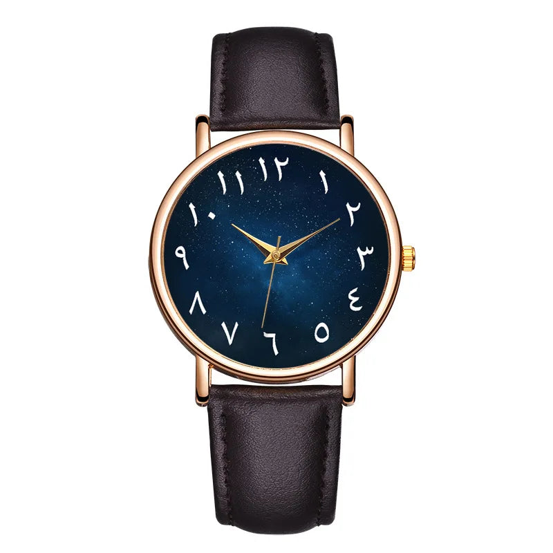 Montre femme bracelet cuir marron foncé cadran chiffres arabes et ciel étoilé