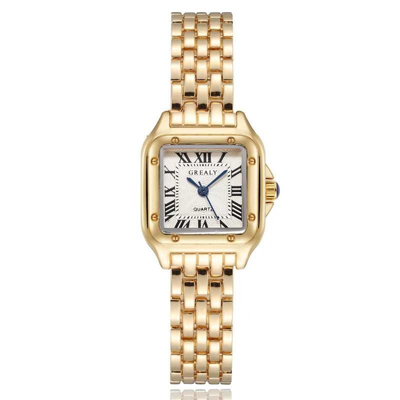Montre carrée femme de luxe dorée avec cadran blanc et chiffres romains