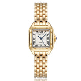 Montre carrée femme de luxe dorée avec cadran blanc et chiffres romains