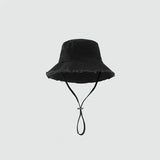 Chapeau bob femme noir effiloché avec cordon de serrage, tendance