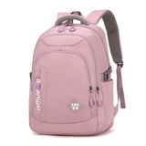 Sac à dos femme en nylon rose multifonction avec compartiment ordinateur, parfait pour le style collège.