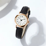 Montre femme classique bracelet cuir noir cadran rond blanc chiffres arabes dorés