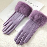 Gants Femme Hiver Simili Cuir Style Élégant avec Poignet Fourrure Tactile