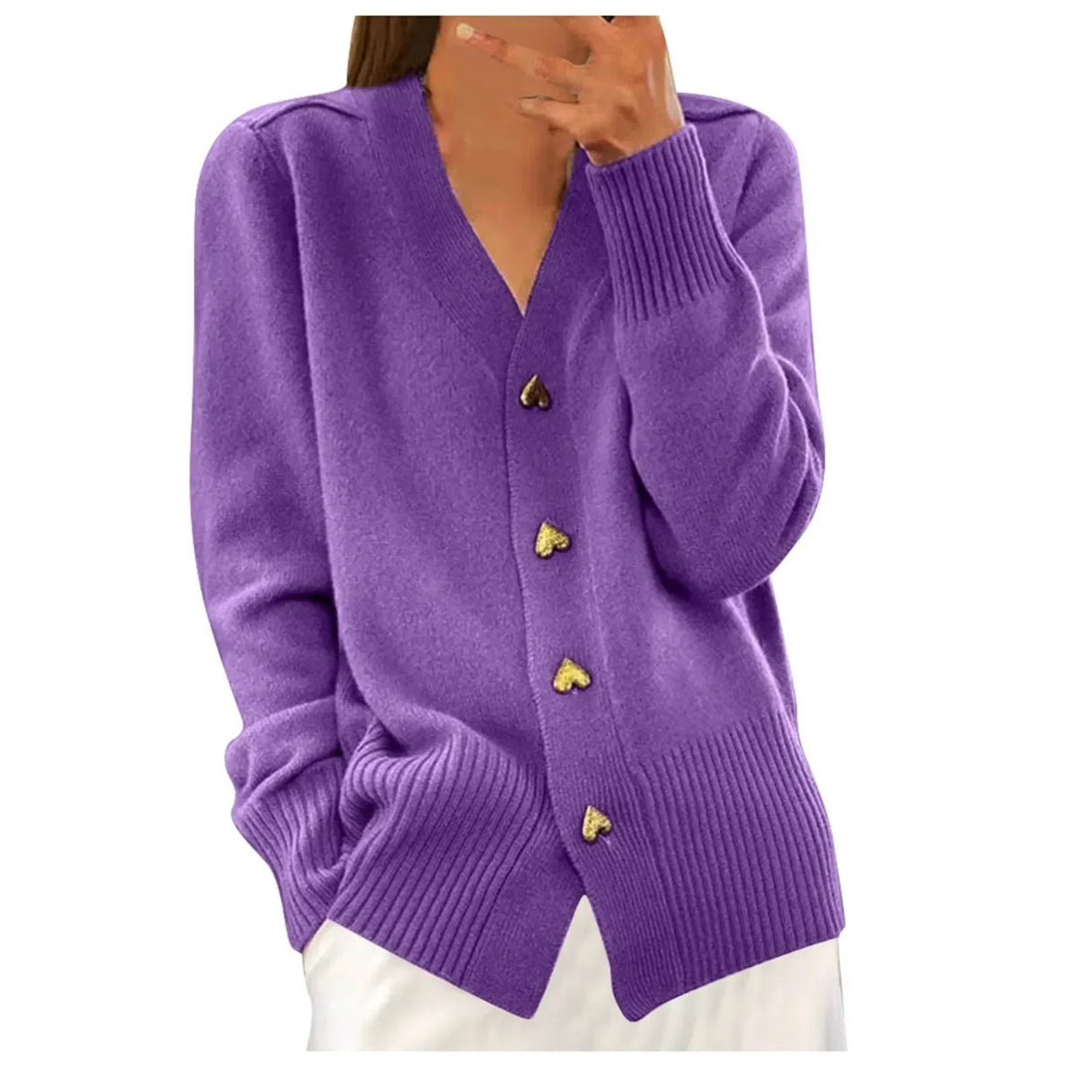Pull d'Automne à Col en V et Boutons pour Femme