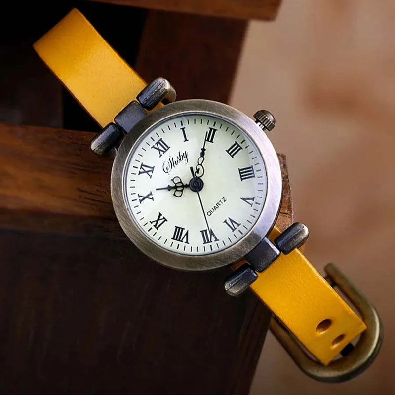 Montre vintage femme Emakujitia avec bracelet en cuir jaune vif et cadran chiffres romains