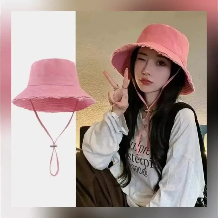 Chapeau bob femme rose effiloché avec cordon de maintien, style bohème