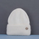 Bonnet Hiver Femme en Fourrure de Lapin Tricoté Chaud Style Minimaliste