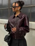 Veste Courte en Cuir Rouge Bordeaux pour Femmes