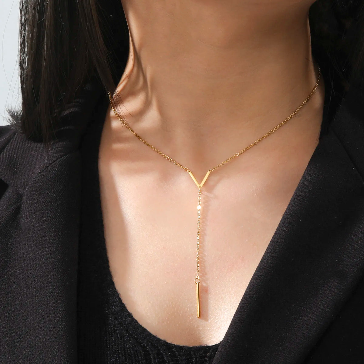 Gold Stainless Steel V-Shaped Necklace for Women and Girls