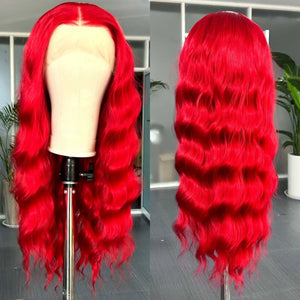 Perruque synthétique rouge ondulée avec dentelle frontale