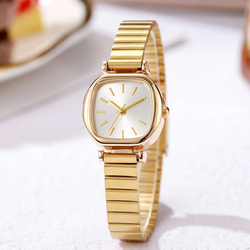 Montre quartz femme dorée, cadran carré blanc, bracelet acier inoxydable fin