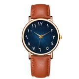 Montre femme bracelet cuir marron clair cadran chiffres arabes et ciel étoilé