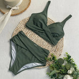 Ensemble bikini vert kaki taille haute, haut croisé et culotte drapée confortable