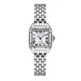Montre carrée femme argentée, cadran blanc, chiffres romains, élégance minimaliste
