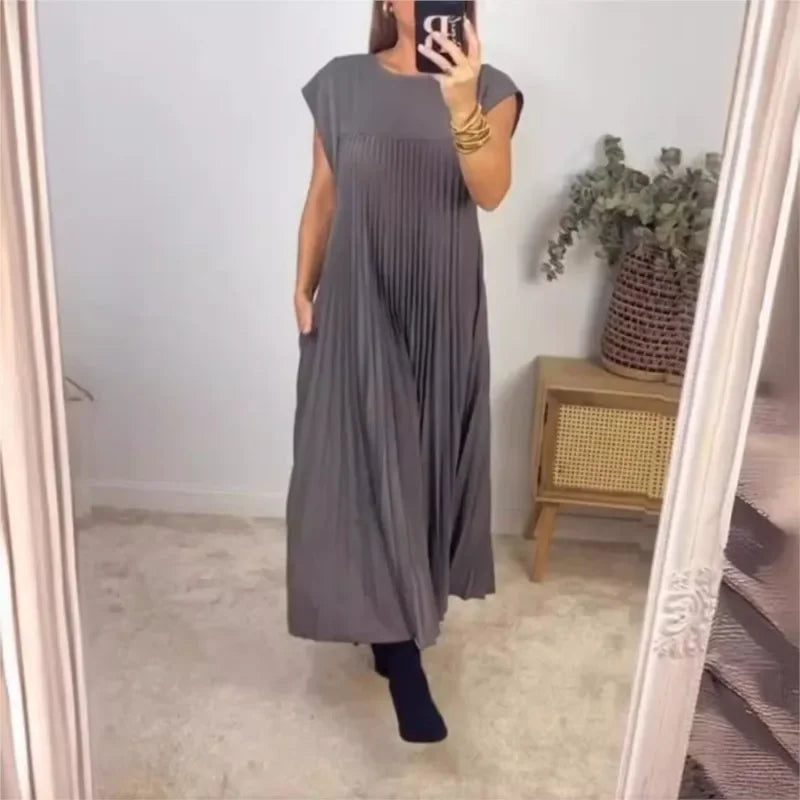Robe Longue Évasée Plissée Taille Ample