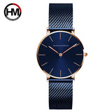 Montre femme Hannah Martin bleu foncé avec boîtier et bracelet maille milanaise or rose