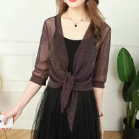 Cardigan d'Été Transparent à Paillettes avec Lacets et Manches Mi-longues