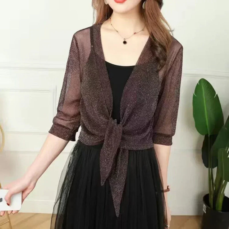 Cardigan d'Été Transparent à Paillettes avec Lacets et Manches Mi-longues