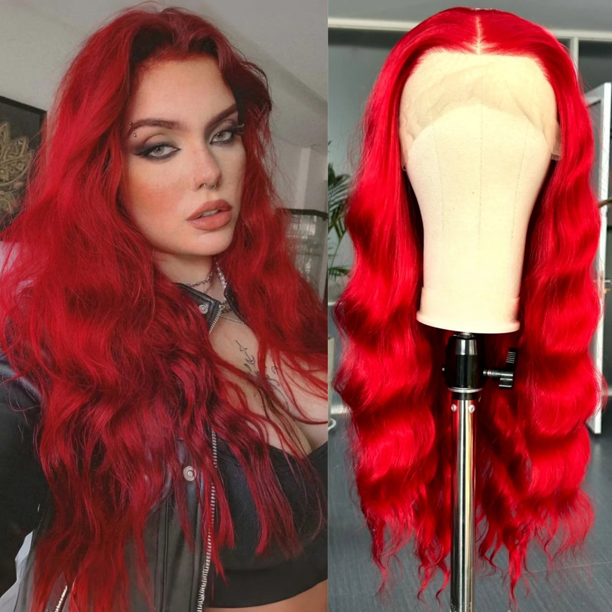 Perruque synthétique rouge ondulée avec dentelle frontale