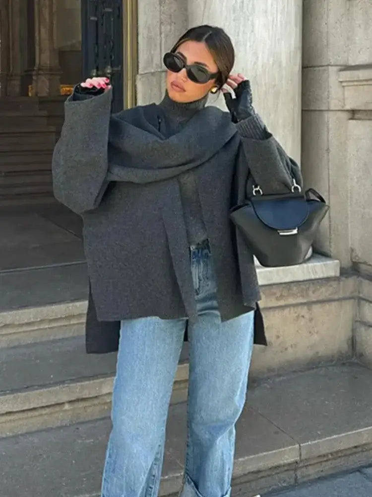 Veste Tricotée Femme Asymétrique avec Écharpe