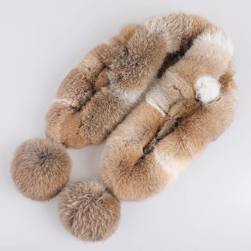 Écharpe Femme en Fourrure de Lapin Véritable Style Hiver avec Pompons Chauds