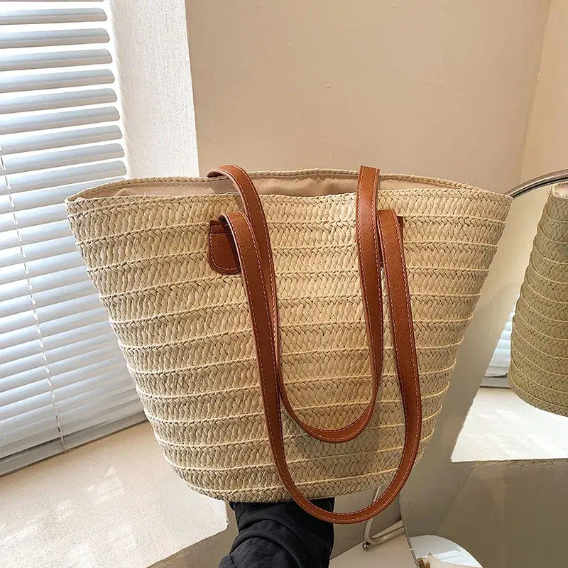 Sac cabas pour femme en paille tressée avec anse supérieure
