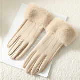Gants Femme Hiver Simili Cuir Style Élégant avec Poignet Fourrure Tactile