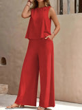 Ensemble Pantalon Sans Manches Élégant à Col Ronde en Couleurs Unies