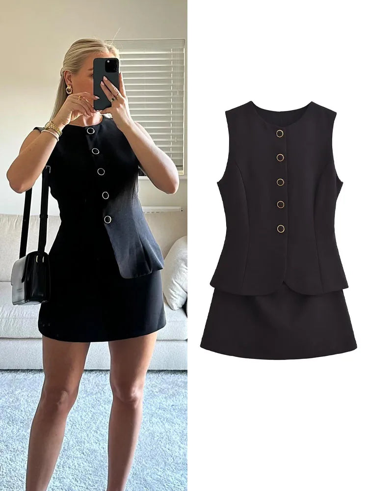 Conjunto casual liso de cintura alta sin mangas y cuello redondo para mujer