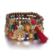 Ensemble de bracelets bohèmes avec perles bleues et marron, breloque argentée et perles en bois