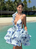 Robe Courte Évasée à Décolleté en V Tie-Dye Floral 3D