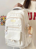 Sac à dos en nylon blanc avec design japonais, grande capacité pour ordinateur et accessoires scolaires.