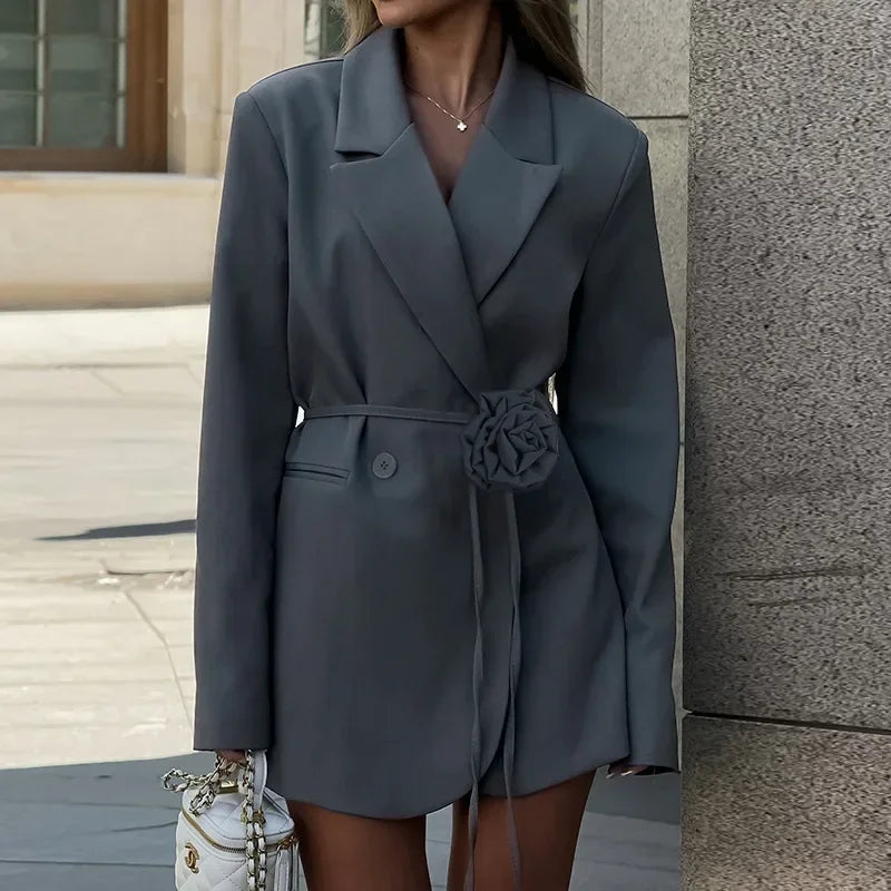 Blazers Femme avec Ceinture Fleur Couleur Unie