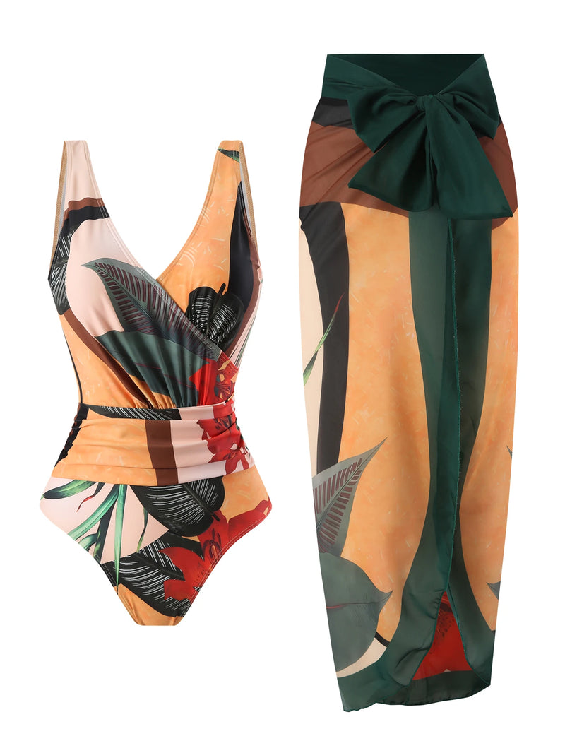 Ensemble maillot de bain une pièce imprimé floral et paréo kaki pour femme, vue d'ensemble