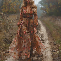 Robe Vintage à Motif Imprimé Plissée Décontractée Femme