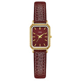 Montre femme vintage carrée GEDI, bracelet cuir rouge bordeaux, boîtier doré, vue de face