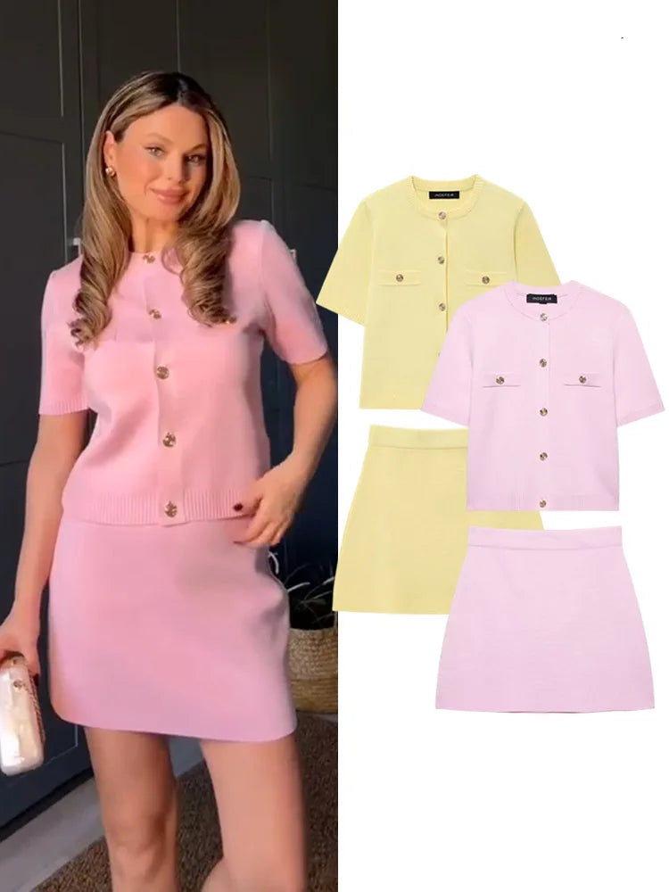 Conjunto de punto de cuello redondo para mujer con minifalda elástica