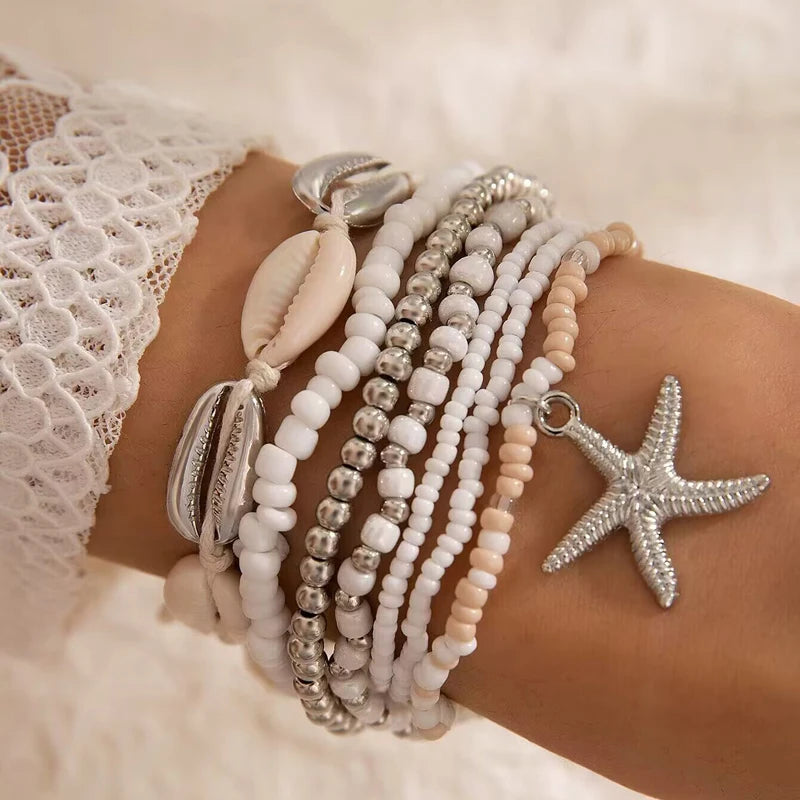 Ensemble Bracelet Tressé en Perles de Coquillage avec pendentif Étoile de Mer