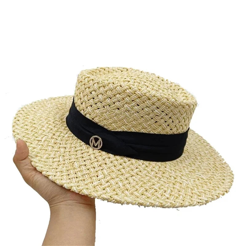 Chapeau en paille d'été à bord plat pour femme