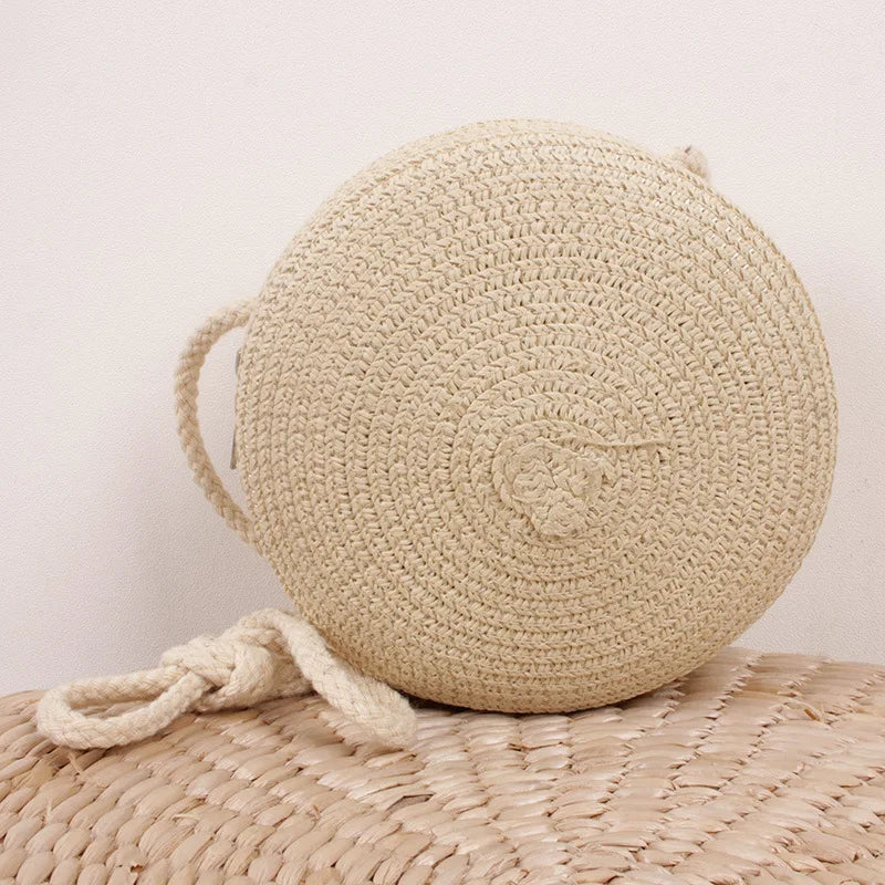 Sac d'été en paille tressée pour femmes - Sac bandoulière rond