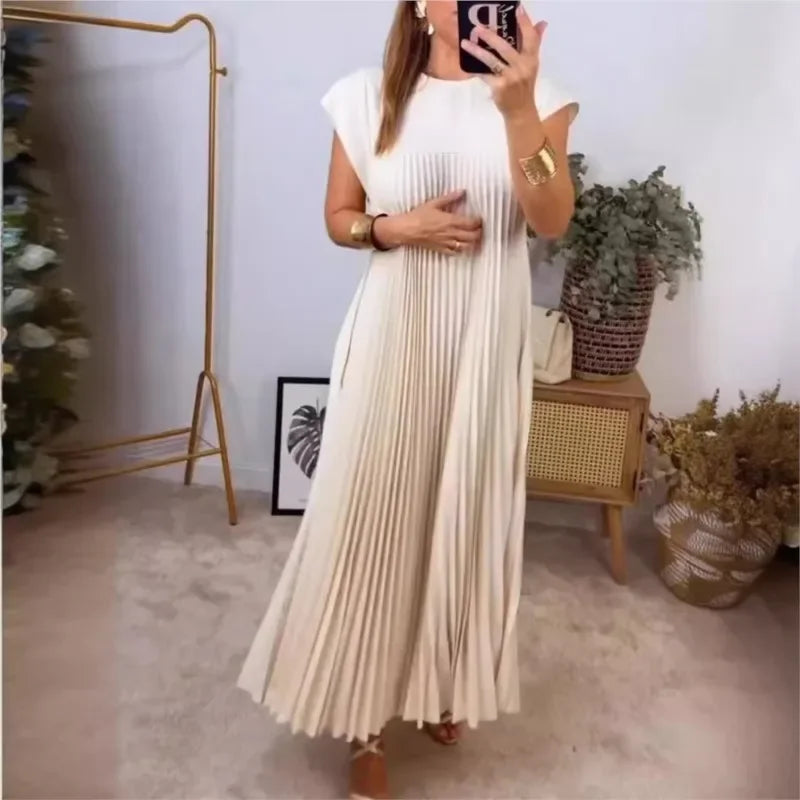 Robe Longue Évasée Plissée Taille Ample