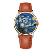 Montre femme bracelet cuir marron clair cadran La Nuit Étoilée Van Gogh