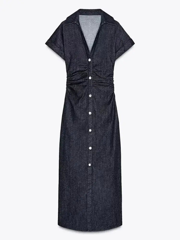Robe en Jean Élégante Plissée à Boutonnage Simple Femme