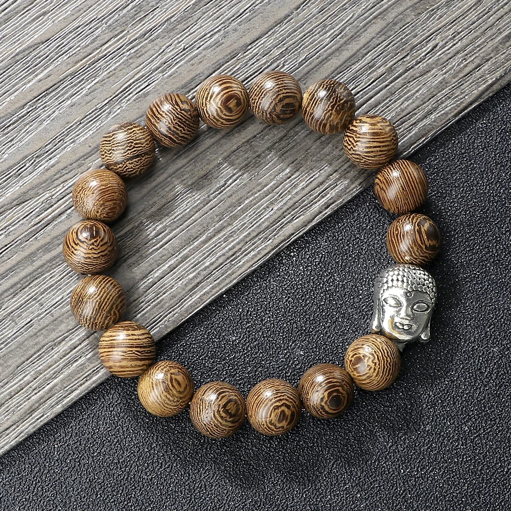 Bracelet en perles de bois avec tête de Bouddha