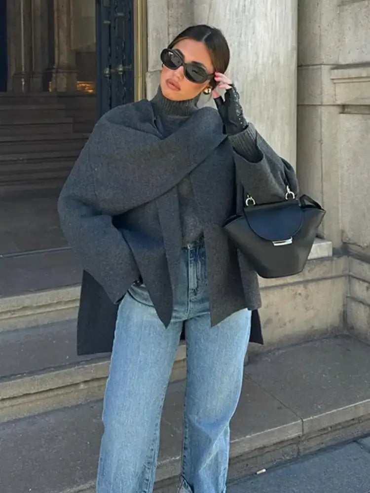 Veste Tricotée Femme Asymétrique avec Écharpe