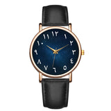 Montre femme bracelet cuir noir cadran chiffres arabes et ciel étoilé