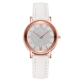 Montre femme quartz noire avec cadran strass et chiffres romains, bracelet en cuir